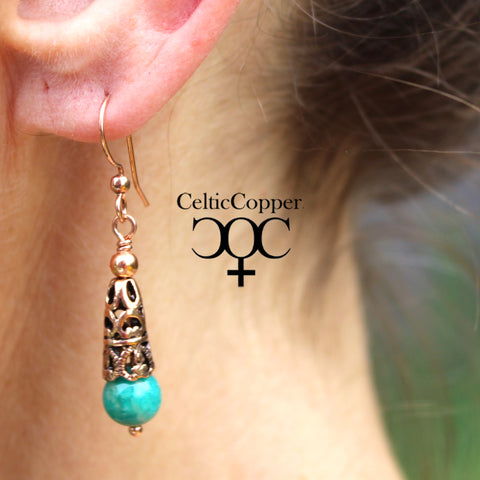 Copper Amazonite Earrings With Handmade Vintage Copper Cone Beads 8mm Amazonite Bead Earrings