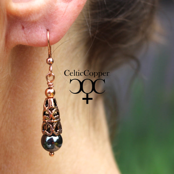 Copper Hematite Earrings With Handmade Vintage Copper Cone Beads 8mm Round Hematite  Bead Earrings