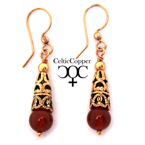 Copper Carnelian Earrings With Handmade Vintage Copper Cone Beads 8mm Carnelian Agate  Earrings