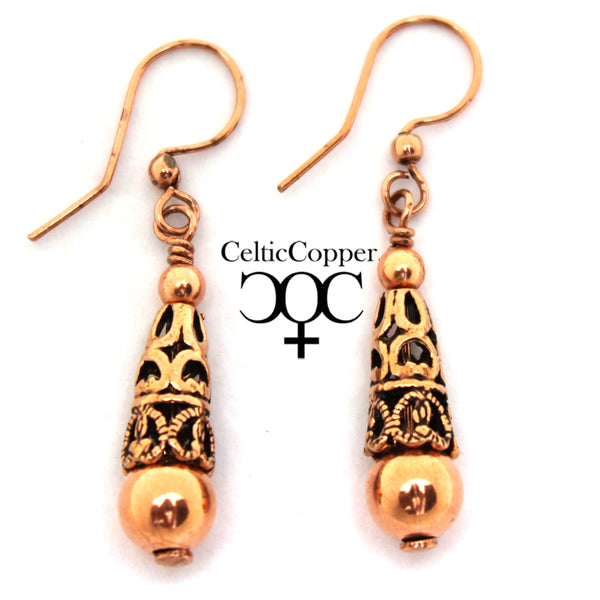 Copper Drop Designer Earrings With Handmade Vintage Cone Beads And Round 8mm Copper Bead Earrings