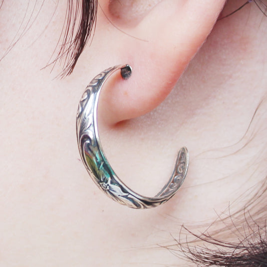 Floral Embossed Sterling Silver Hoop Earrings Solid Silver Jewelry Post Style Silver Hoop Earrings