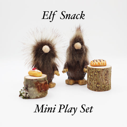 Gnome Desk Toy 2 Wood Elf Figurines Mini Stump Tables Miniature Fairy Food Bakery Play Set