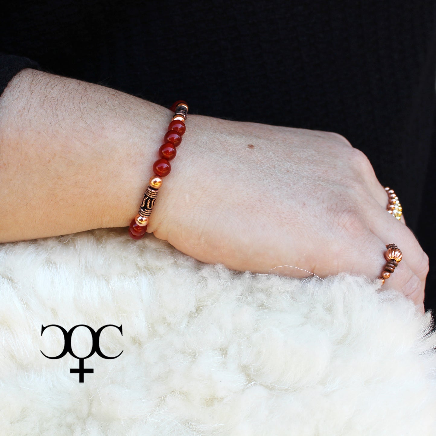 Carnelian Copper Beaded Bracelet Vintage Handmade Solid Copper Beads Red Agate Stretch Bracelet