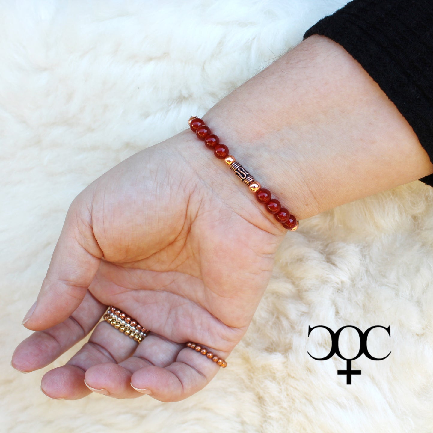 Carnelian Copper Beaded Bracelet Vintage Handmade Solid Copper Beads Red Agate Stretch Bracelet