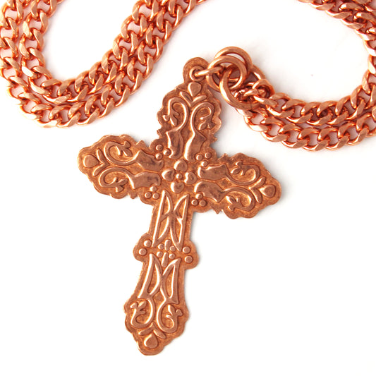 Copper Cross Necklace Large Embossed Pure Copper Cross Pendant 5mm Curb Chain Necklace