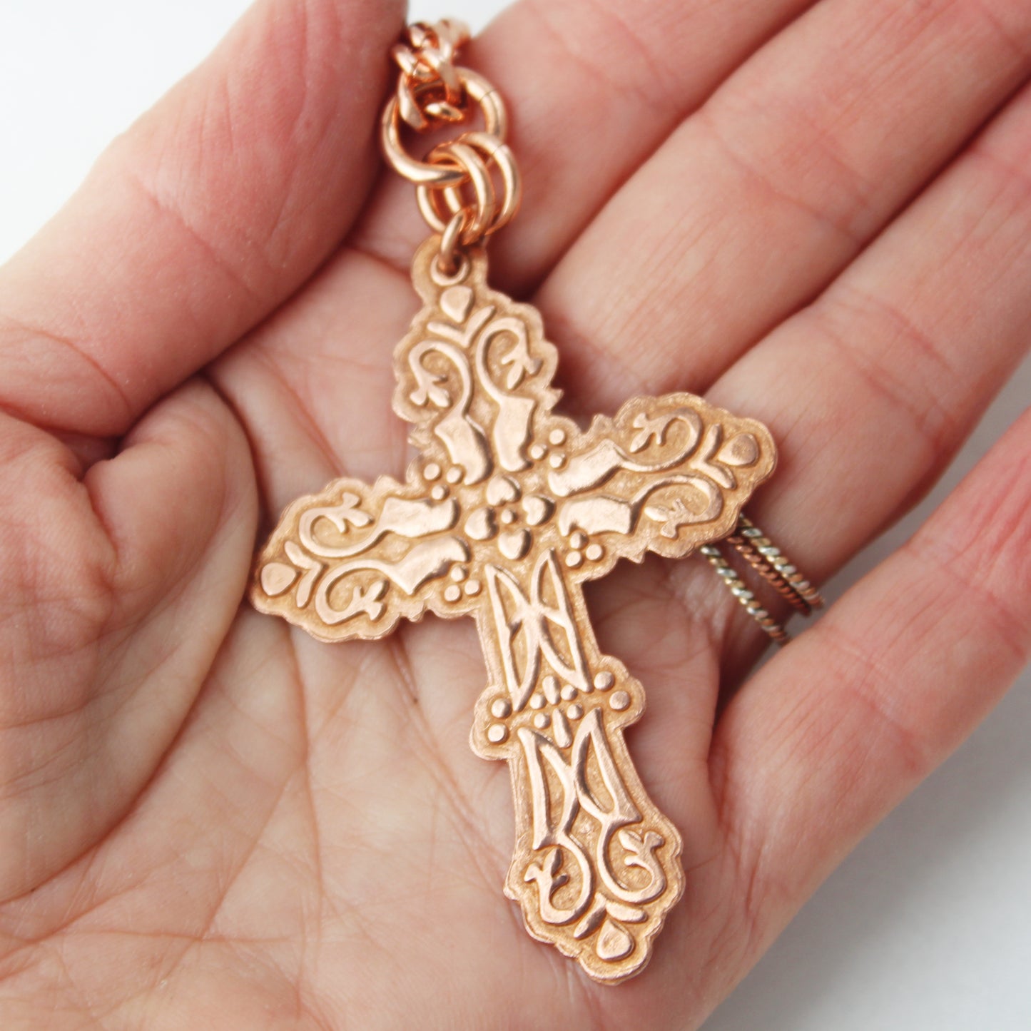 Copper Cross Necklace Large Embossed Pure Copper Cross Pendant 5mm Curb Chain Necklace