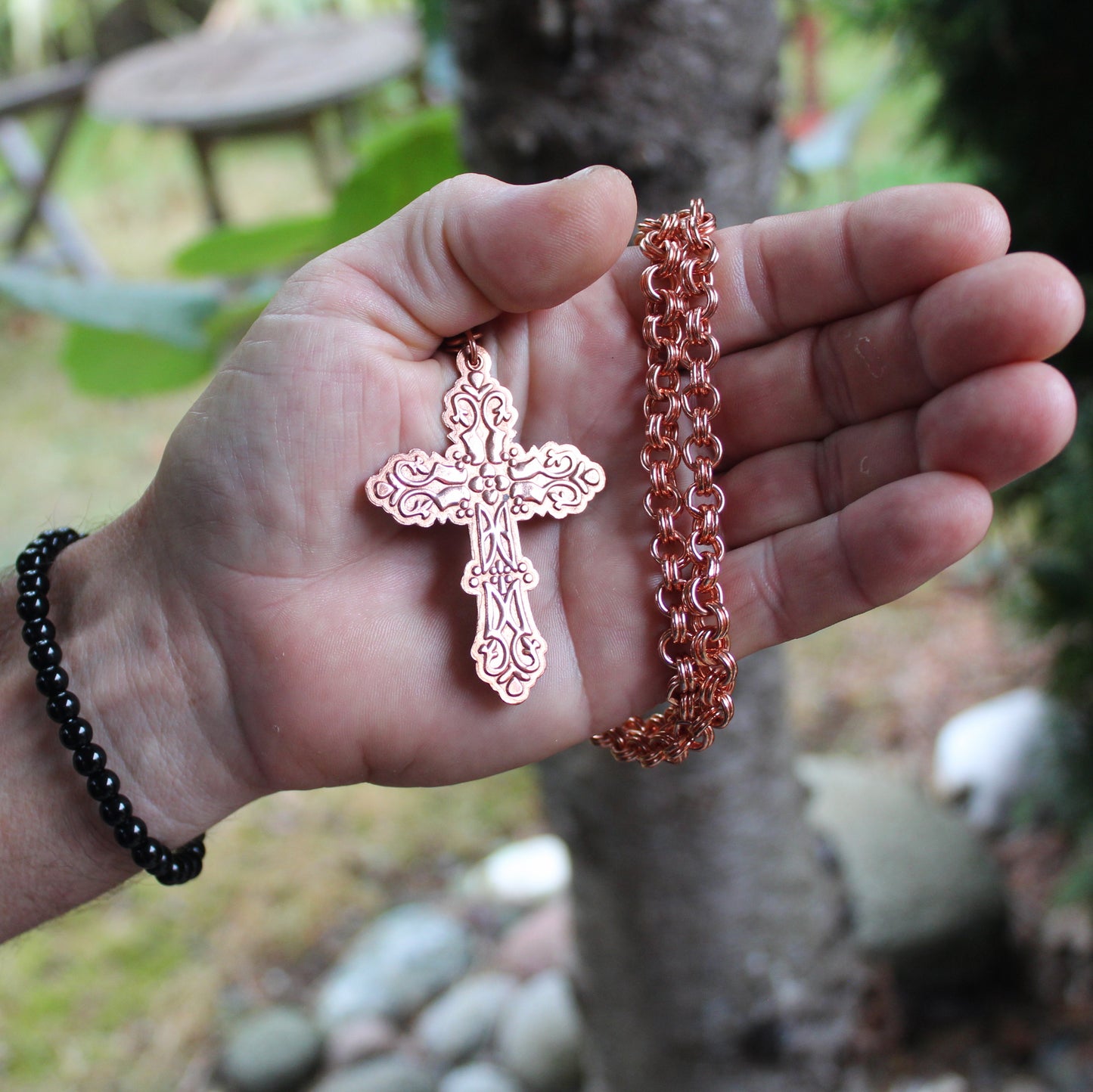 Copper Cross Necklace Large Embossed Pure Copper Cross Pendant 7mm Double Cable Chain Necklace