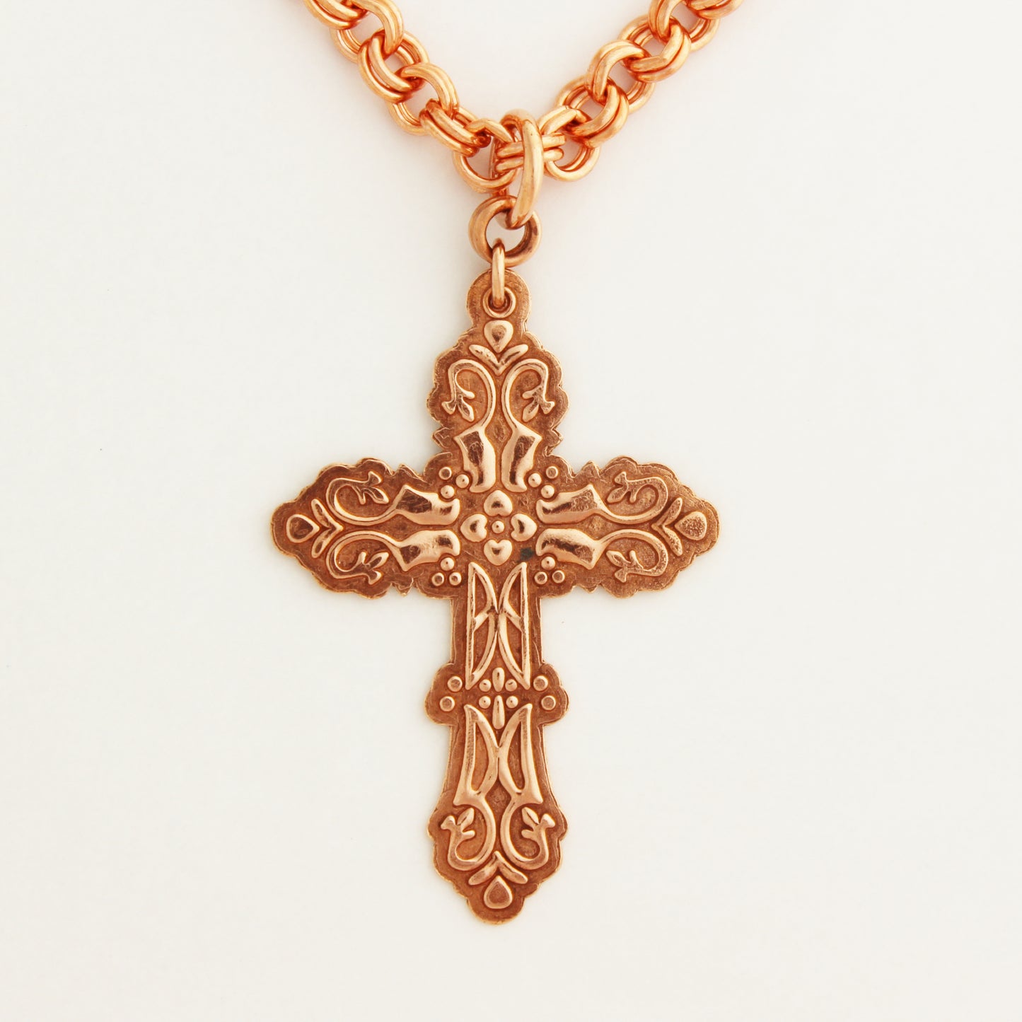 Copper Cross Necklace Large Embossed Pure Copper Cross Pendant 7mm Double Cable Chain Necklace