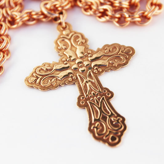 Copper Cross Necklace Large Embossed Pure Copper Cross Pendant 7mm Double Cable Chain Necklace