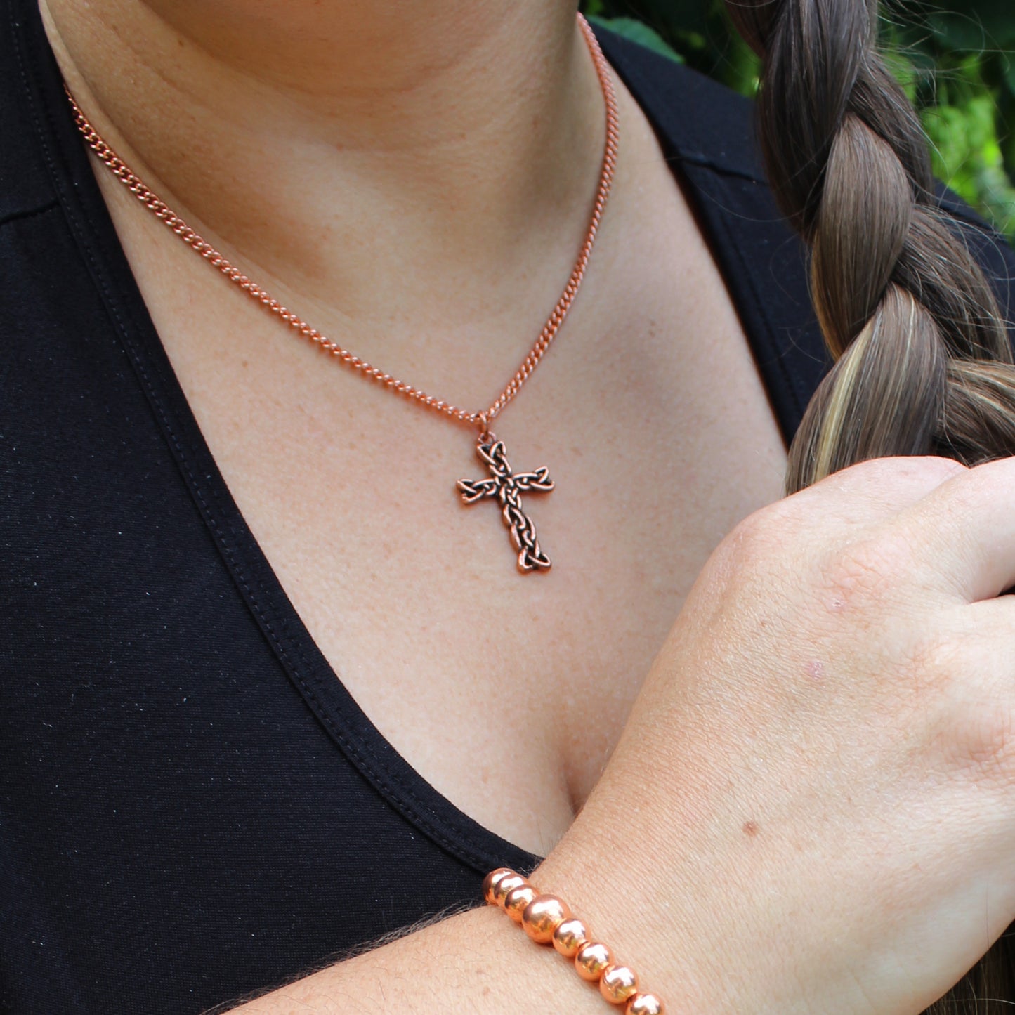 Copper Cross Necklace Celtic Viking Knotwork Solid Copper Cross Pendant Fine 3mm Chain Necklace