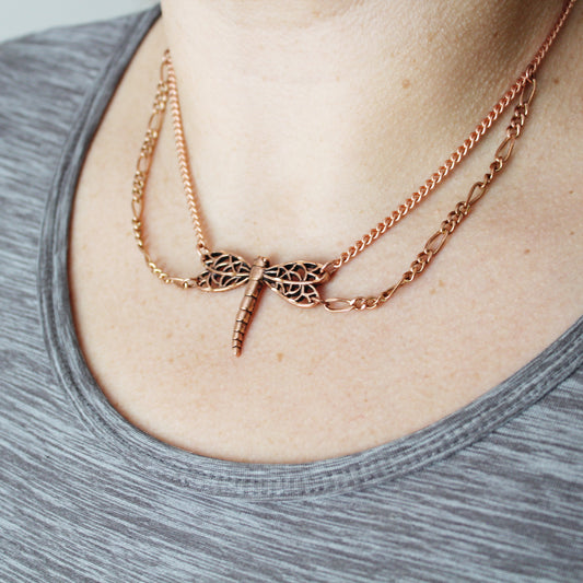 Copper Dragonfly Pendant Necklace Copper Festoon Curb Chain Necklace 30 mm Lucky Dragonfly Charm
