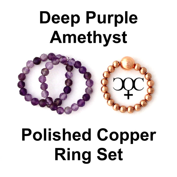 Beaded Copper Ring Set Pure Healing Copper Deep Purple Amethyst 3 Piece Beaded Elastic Ring Set