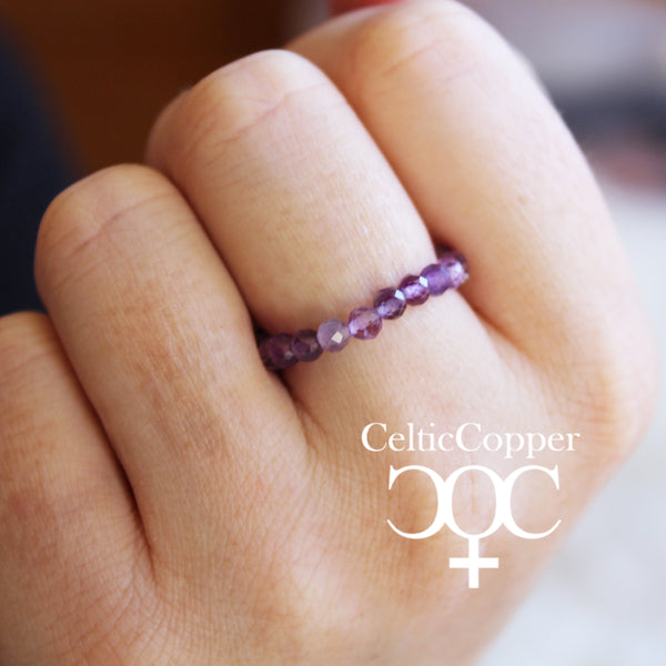 Beaded Copper Ring Set Pure Healing Copper Deep Purple Amethyst 3 Piece Beaded Elastic Ring Set
