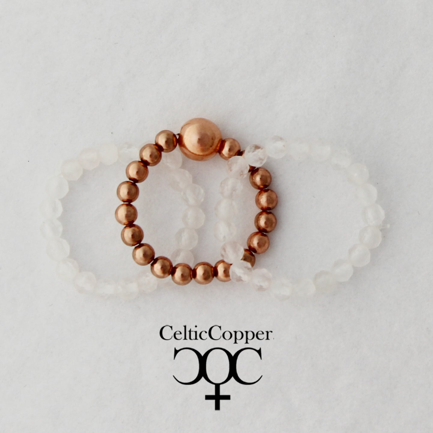Beaded Copper Ring Set Pure Healing Copper Clear Quartz Crystal 3 Piece Beaded Elastic Ring Set