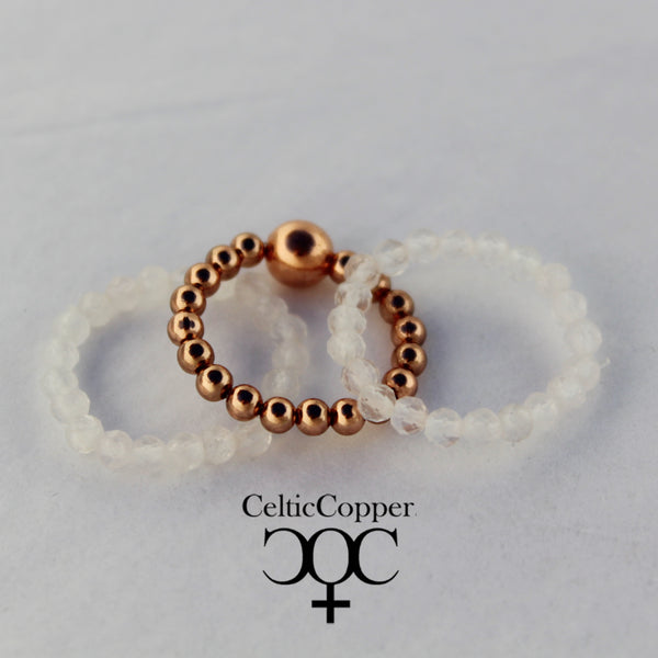 Beaded Copper Ring Set Pure Healing Copper Clear Quartz Crystal 3 Piece Beaded Elastic Ring Set