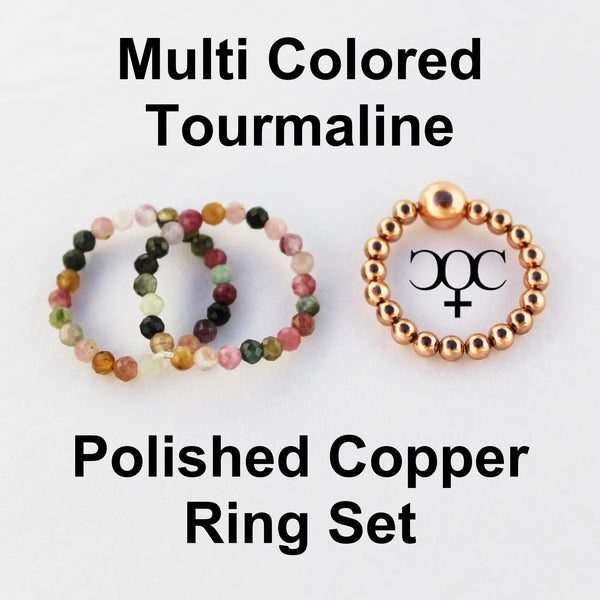 Beaded Copper Ring Set Pure Healing Copper Multi Colored Tourmaline 3 Piece Beaded Elastic Ring Set