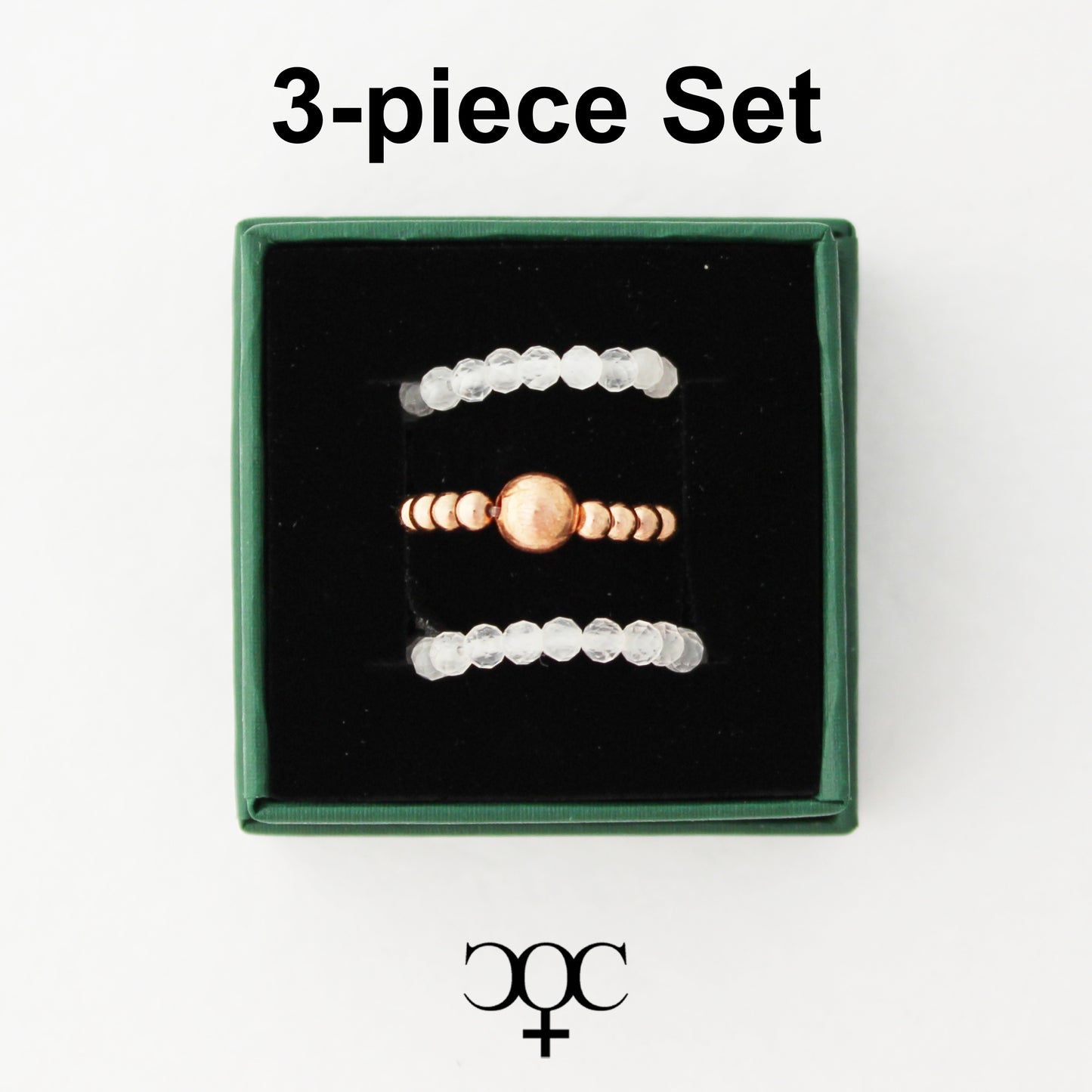 Beaded Copper Ring Set Pure Healing Copper Clear Quartz Crystal 3 Piece Beaded Elastic Ring Set