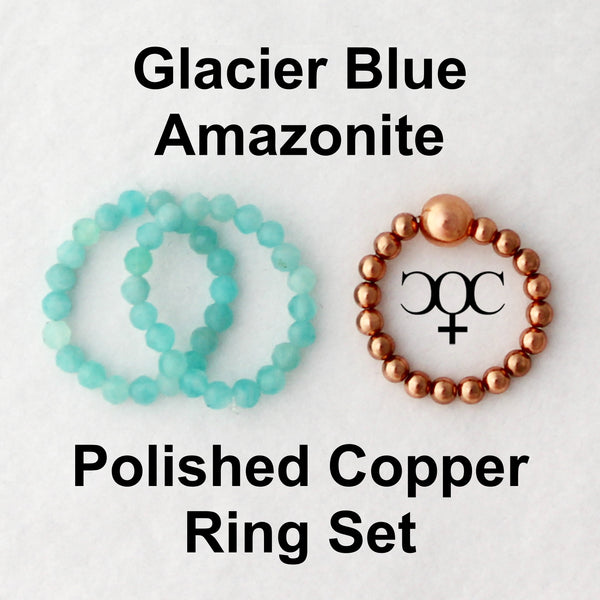 Beaded Copper Ring Set Pure Healing Copper Glacier Blue Amazonite 3 Piece Beaded Elastic Ring Set