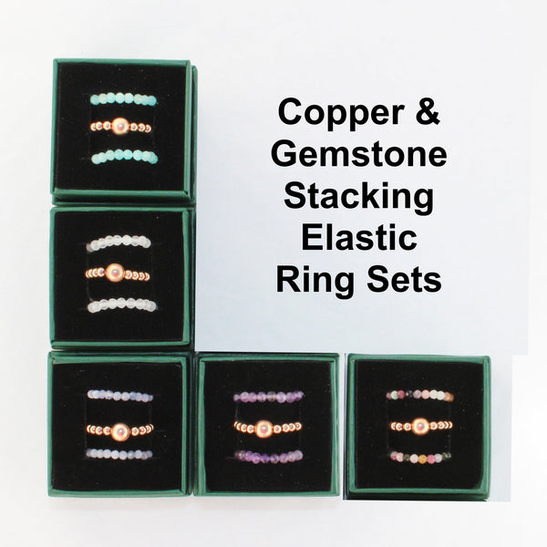 Beaded Copper Ring Set Pure Healing Copper Clear Quartz Crystal 3 Piece Beaded Elastic Ring Set