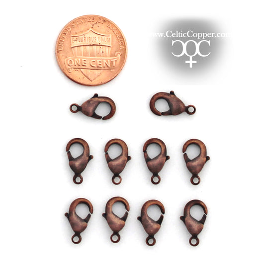 Bulk Pack Antiqued Copper Lobster Clasp 12mm Copper Plated Brass Lobster Clasps 1.3mm Hole 10 Pieces