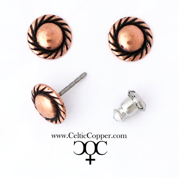 Copper Stud Earrings 2 Pair Set Round Copper Ball Studs Rope Edge Stud Earrings