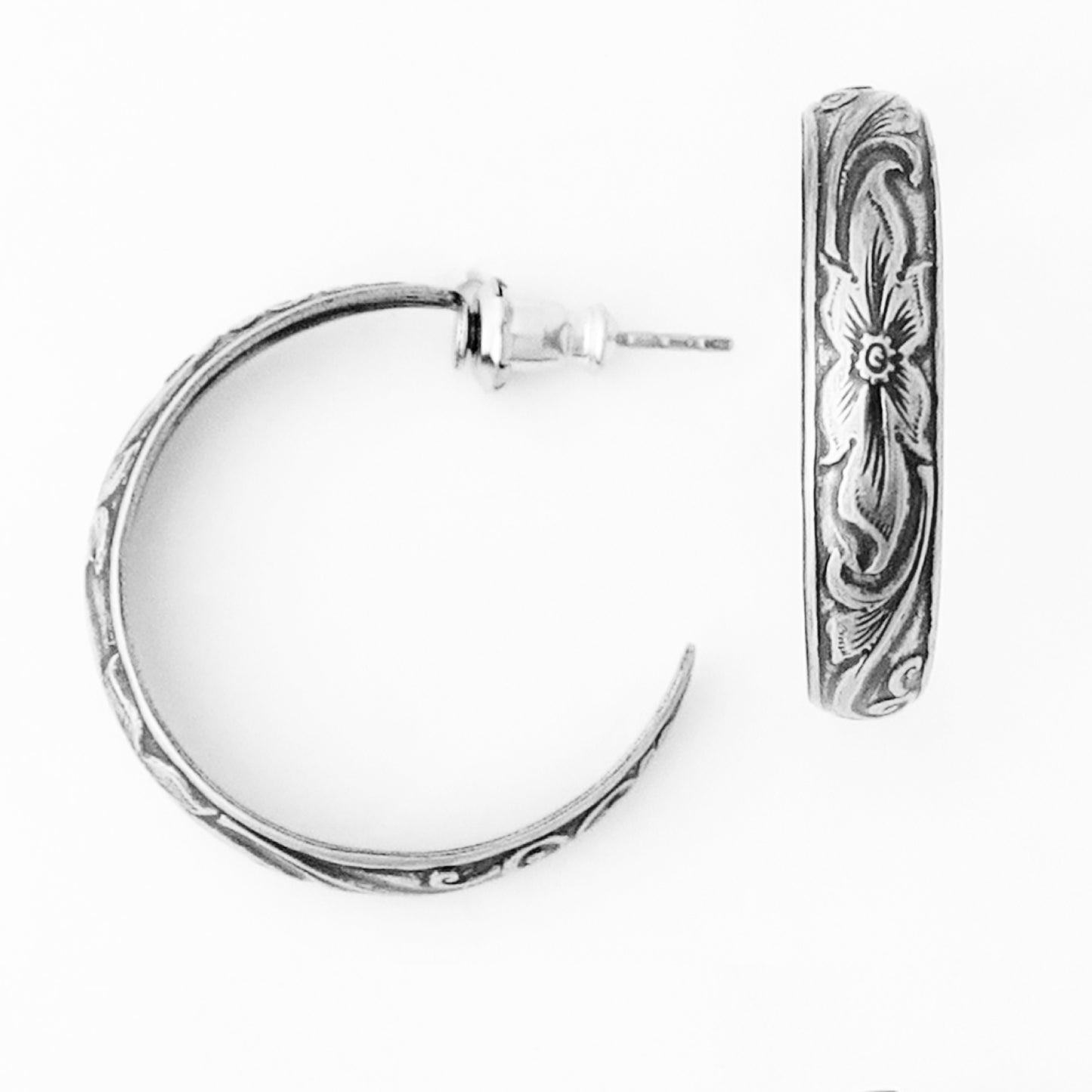 Floral Embossed Sterling Silver Hoop Earrings Solid Silver Jewelry Post Style Silver Hoop Earrings