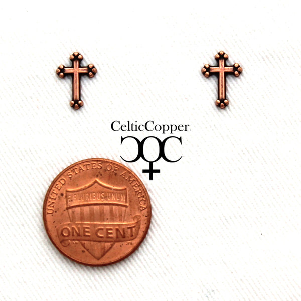 Copper Stud Earrings 2 Pair Set Copper Florentine Cross Earring Studs with Hypoallergenic Steel Post and Clutches