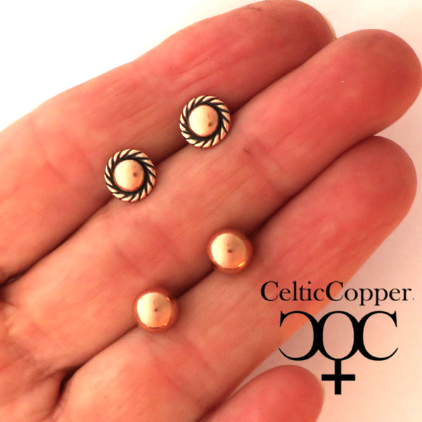 Copper Stud Earrings 2 Pair Set Round Copper Ball Studs Rope Edge Stud Earrings