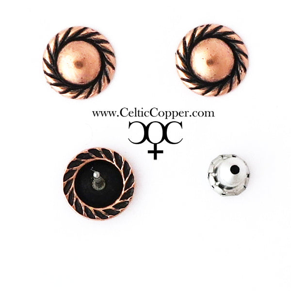Copper Stud Earrings 2 Pair Set Solid Copper Rope Edged Copper Earring Studs