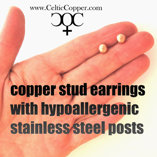 Copper Stud Earrings 2 Pair Set 7mm Round Solid Copper Stud / Floral Hoop Earrings