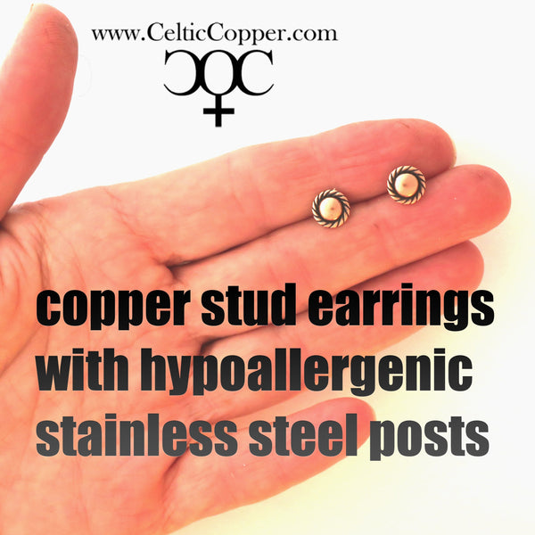 Copper Stud Earrings 2 Pair Set Solid Copper Rope Edged Copper Earring Studs