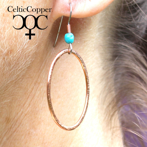 Copper Hoop Earrings Tiny Turquoise Nugget Solid Copper Round Drop Hoop Earrings with Turquoise