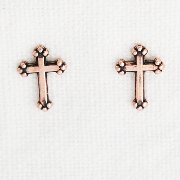 Copper Stud Earrings 2 Pair Set Copper Florentine Cross Earring Studs with Hypoallergenic Steel Post and Clutches