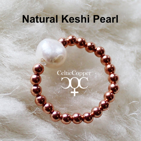 Beaded Copper Ring Cultured Pearl Ring Beaded Copper Stretch Ring Simple Keshi Pearl Ring