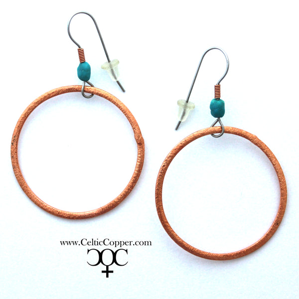 Copper Hoop Earrings Tiny Turquoise Nugget Solid Copper Round Drop Hoop Earrings With Turquoise