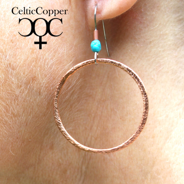 Copper Hoop Earrings Tiny Turquoise Nugget Solid Copper Round Drop Hoop Earrings With Turquoise