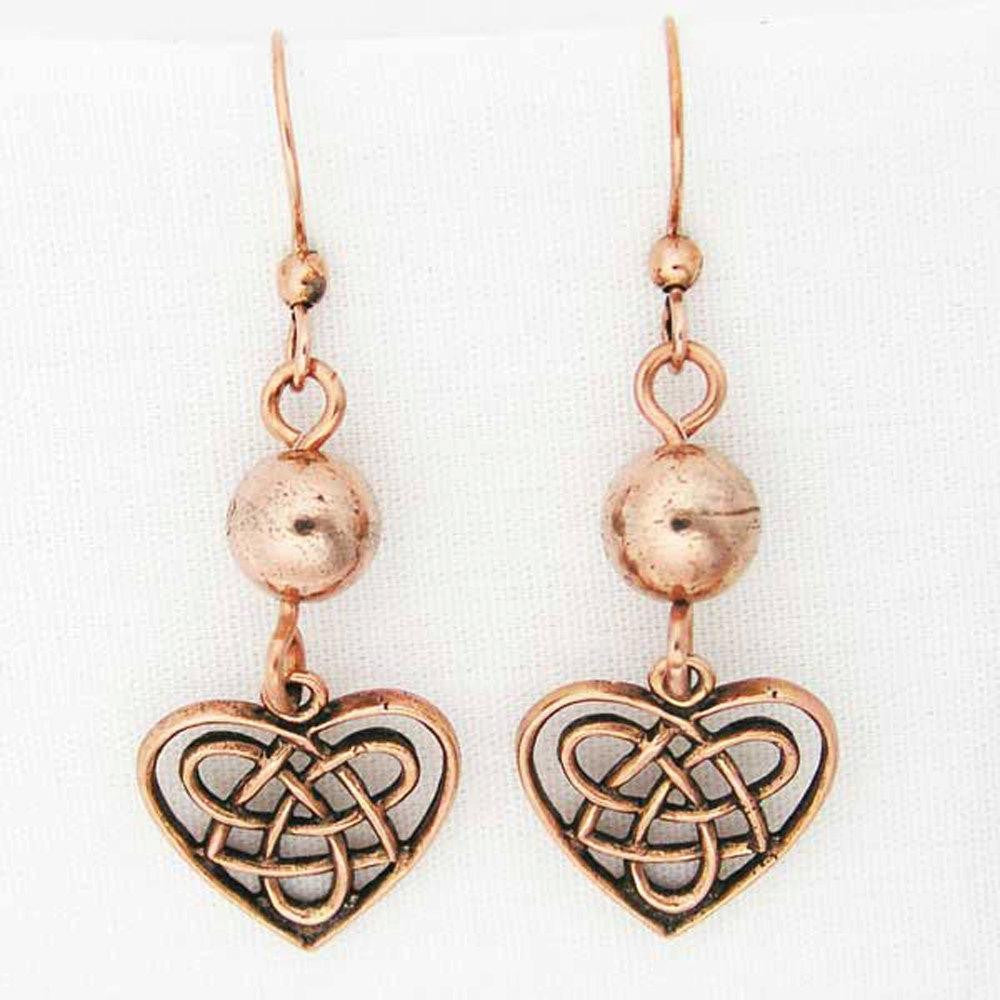 Celtic Knot Work Heart Shaped Earrings with Colorful 8mm Gemstone Bead ECD02X Solid Copper Earrings celtic-copper-jewelry.myshopify.com