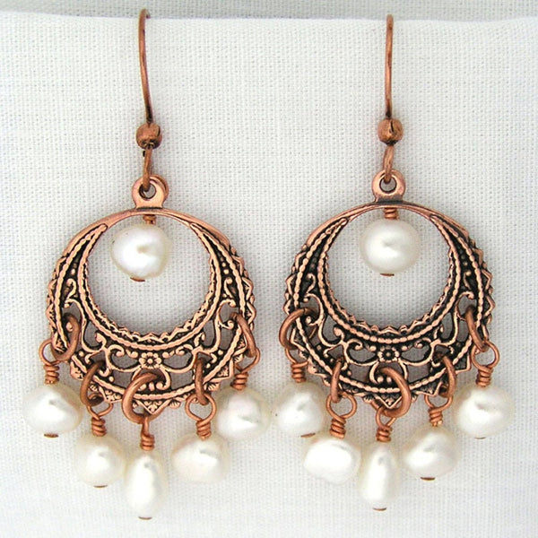 Copper Filigree Round Crescent Earrings with Beaded Freshwater Pearl Fringe ECD48P6 Solid Copper Earrings with Pearls
