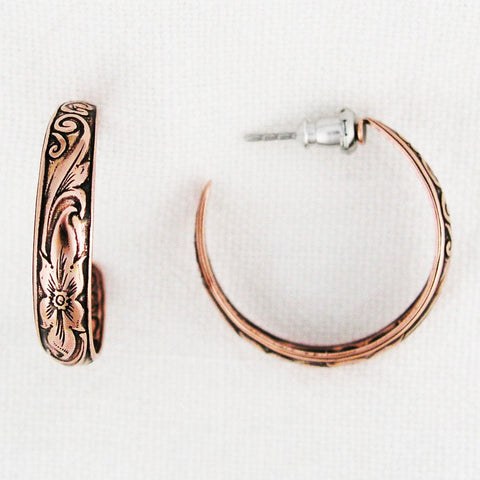 Floral Embossed Copper Hoop Earrings EC80 Solid Copper Jewelry Post Style Copper Hoop Earrings