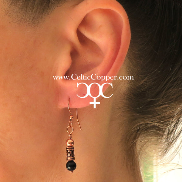 Copper Drop Earrings With Black Obsidian And Handmade Copper Beads ECPX Solid Copper Dangle Style Earrings