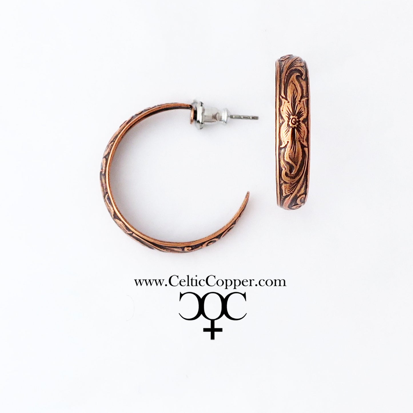 Floral Embossed Copper Hoop Earrings EC80 Solid Copper Jewelry Post Style Copper Hoop Earrings
