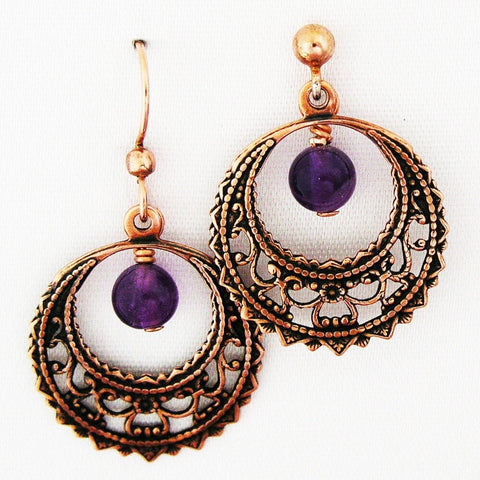Copper Filigree Crescent Hoop Earrings with Gemstone Drops ECD48G Solid Copper Earrings With Gemstones