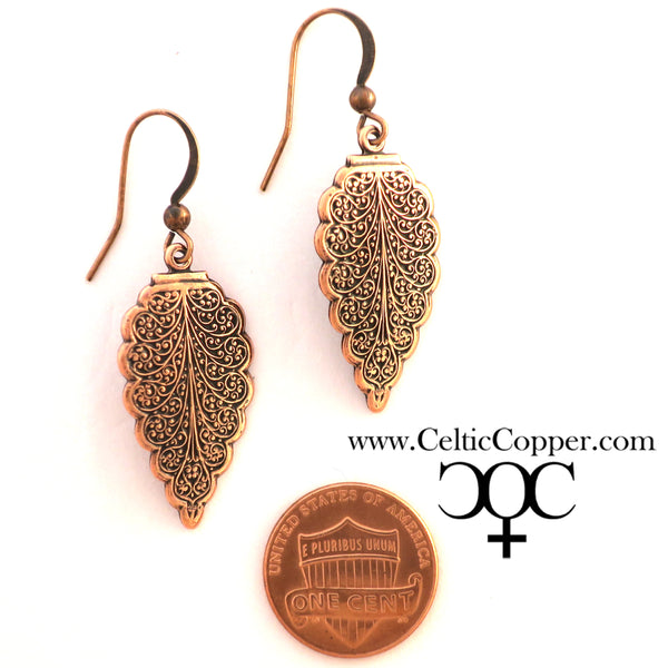 Copper Earrings Paisley Copper Drop Feather Earrings EC4 Solid Copper Dangle Earrings Feather Design Drop Earrings