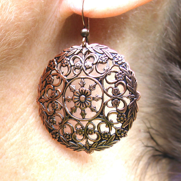 Round Copper Mandala Earrings Large 35mm Open Florentine Style Solid Copper Drop Earrings