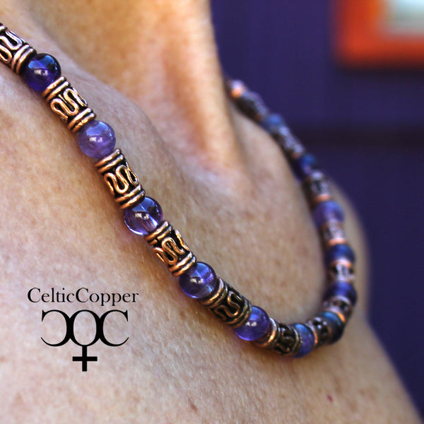 Amethyst Festoon Necklace Round 6mm Purple Palette Amethyst Handmade Copper Beads