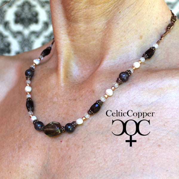 Autumn Brown Color Palette Necklace Smokey Quartz Amethyst Pearl Copper Bead Necklace