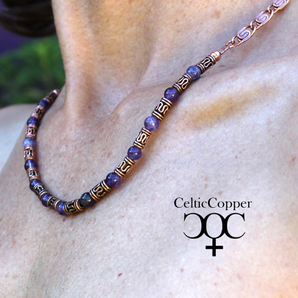 Amethyst Festoon Necklace Round 6mm Purple Palette Amethyst Handmade Copper Beads