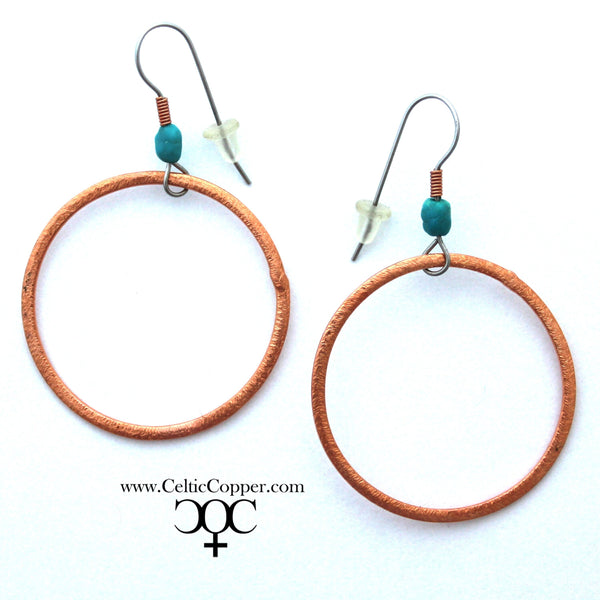 Copper Hoop Earrings Tiny Turquoise Nugget Solid Copper Round Drop Hoop Earrings with Turquoise