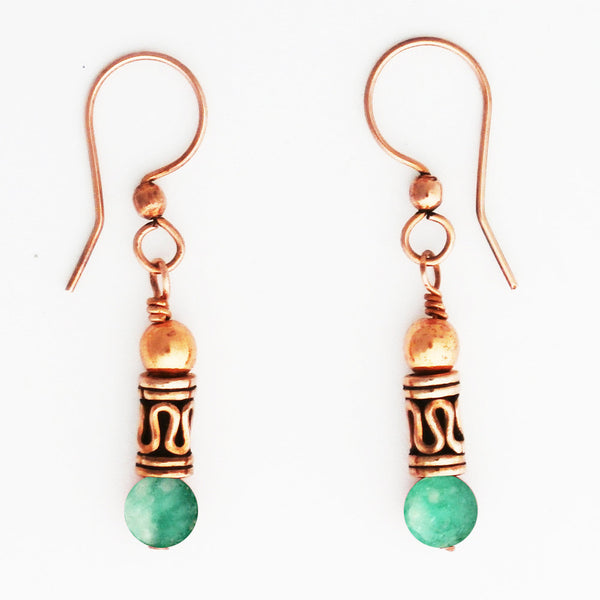 Copper Earrings With Russian Blue Amazonite And Handmade Copper Beads ECD21RA Solid Copper Earrings With Colorful Gemstone Beads