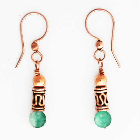 Copper Earrings With Russian Blue Amazonite And Handmade Copper Beads ECD21RA Solid Copper Earrings With Colorful Gemstone Beads